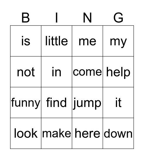 Pre-Primer Words Bingo Card