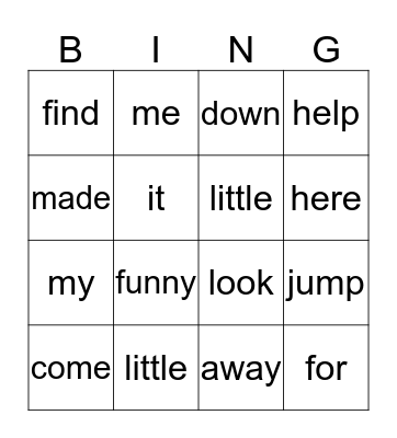 Pre-Primer Words Bingo Card