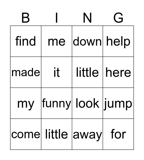 Pre-Primer Words Bingo Card