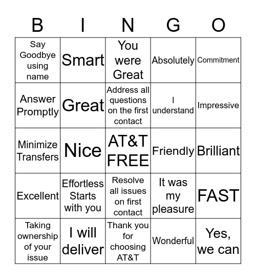 Innovative BUZZ Words/Service Promise Bingo Card