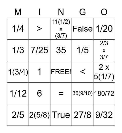 Addition of Integers Bingo Card