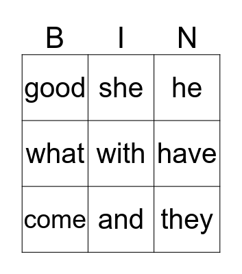 Kinder Sight Words 6+ Bingo Card