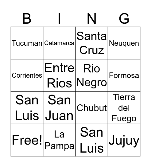 Provincias de Argentina Bingo Card