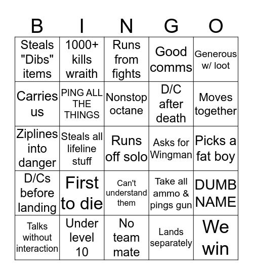 Random teamie bingo Card