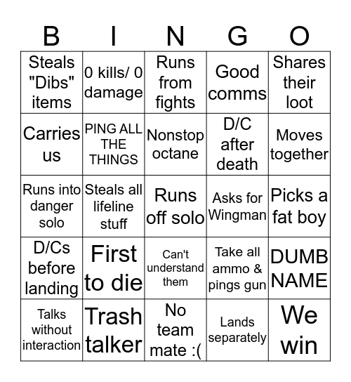 Random teamie bingo Card