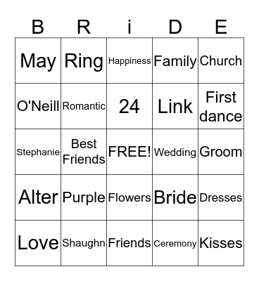 Here Come's the Bride Bingo Card