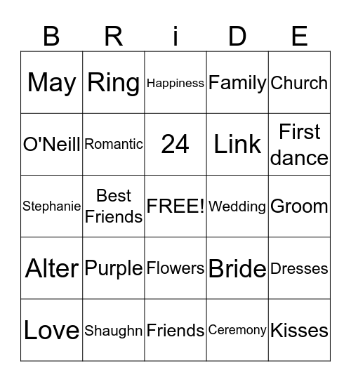 Here Come's the Bride Bingo Card