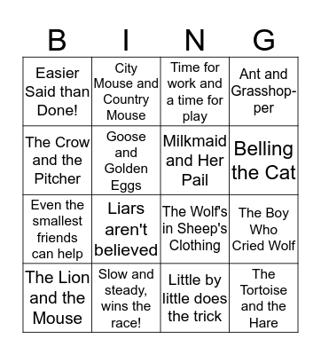 Aesops Fables Bingo Card