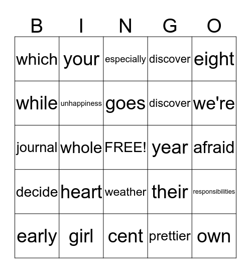 Sight Words Bingo Card
