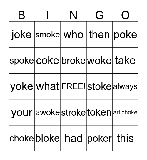 Long /o/ CVCe -oke Word Family  Bingo Card