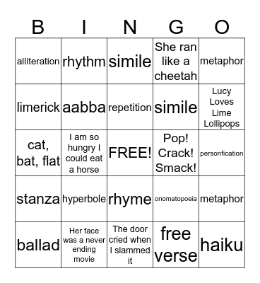 Poetry Bingo Card