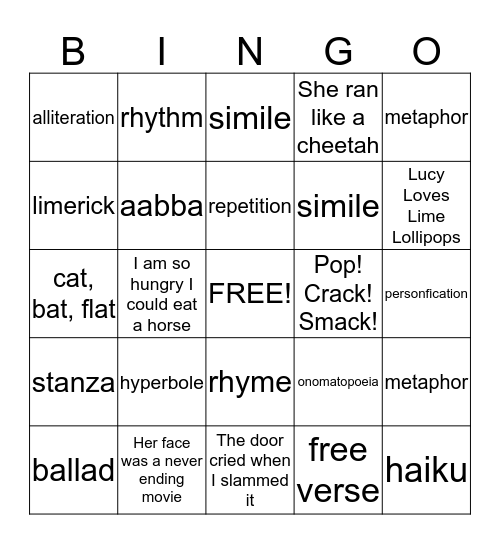 Poetry Bingo Card