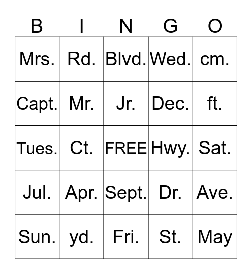 Abbreviations Bingo Card