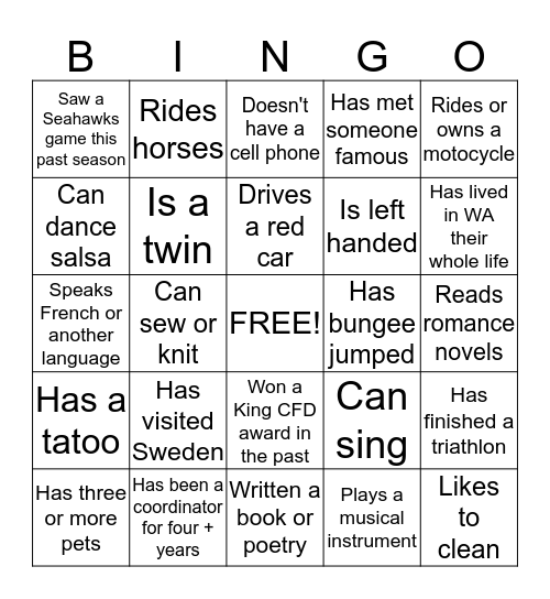 Find comeone with a characteristic on your card & write their name down. Turn in your card when you have a BINGO for a chance at a prize! Bingo Card
