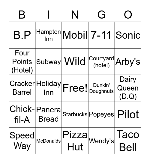 Road Trip Bingo Card