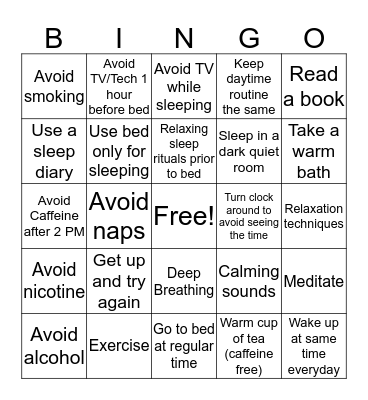 Sleep Hygiene Bingo Card