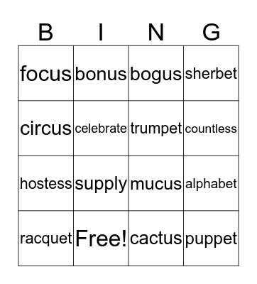 Schwa /i/ Bingo: Letters e, u Bingo Card