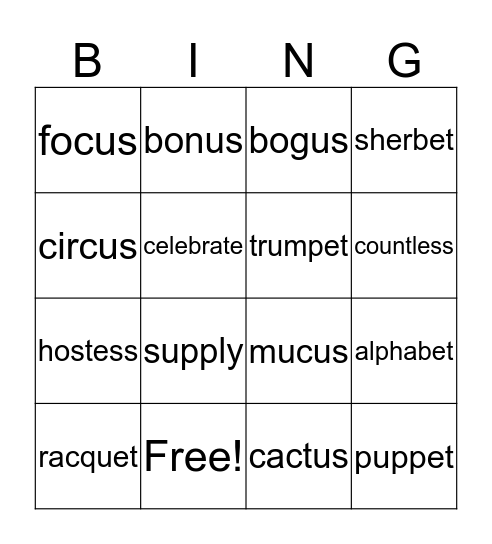 Schwa /i/ Bingo: Letters e, u Bingo Card