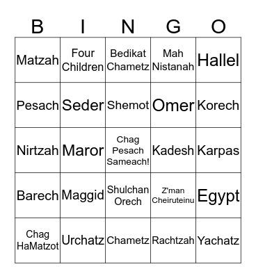 Pesach Vocabulary Bingo Card