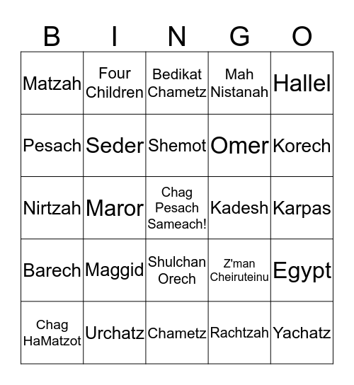Pesach Vocabulary Bingo Card