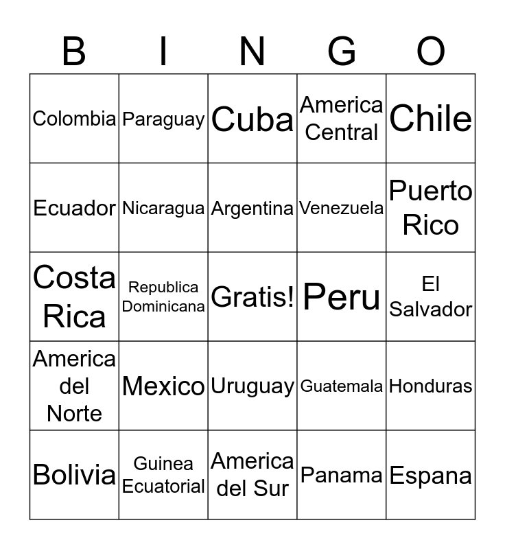 Paises que Hablan Espanol Bingo Card