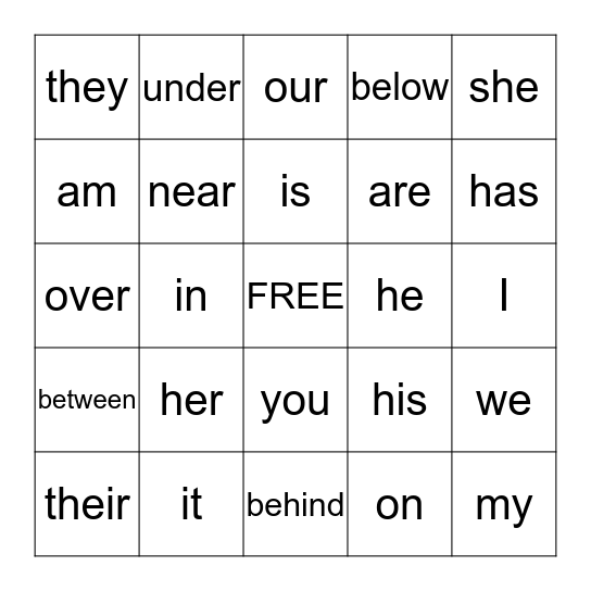 Pronoun/Preposition Bingo Card