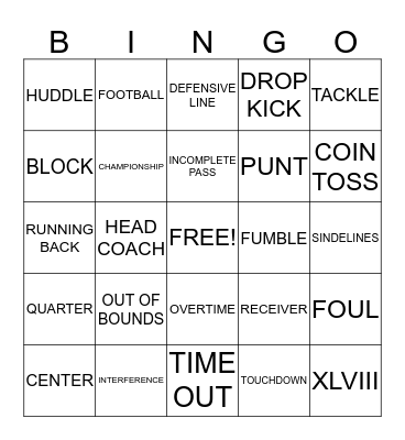 SUPER BOWL XLVIII Bingo Card