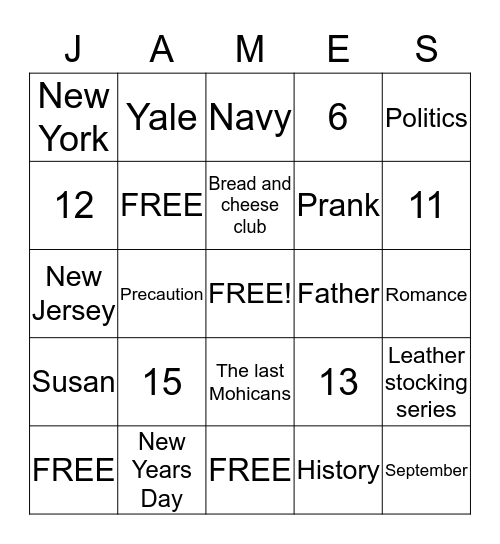 James Fenimore Cooper  Bingo Card