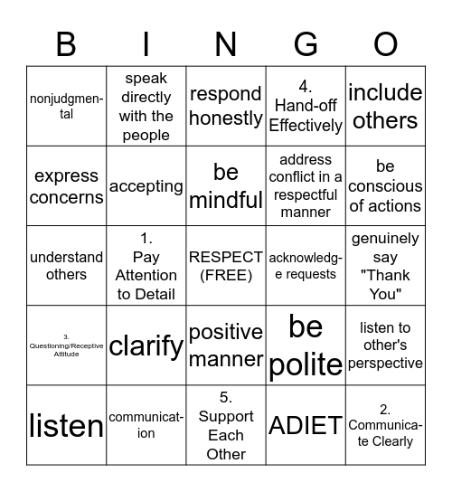 RESPECT Bingo Card