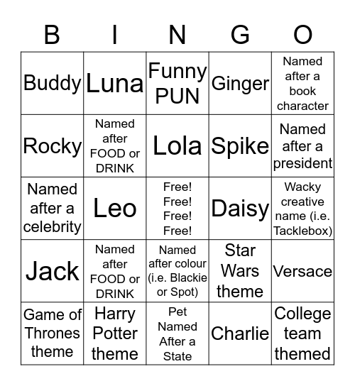 Pet Name Bingo Card