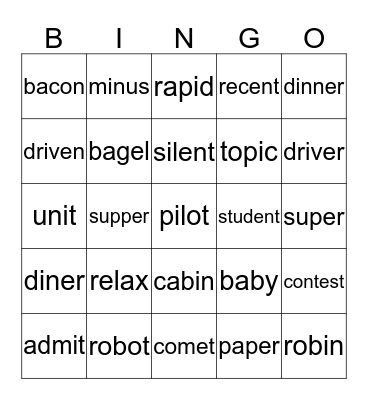Open/Closed 2 Syllable Words Bingo Card