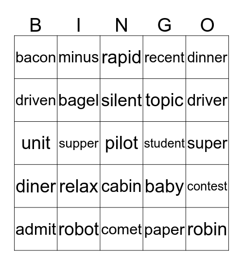 Open/Closed 2 Syllable Words Bingo Card