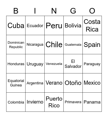Spanish countries Bingo Card