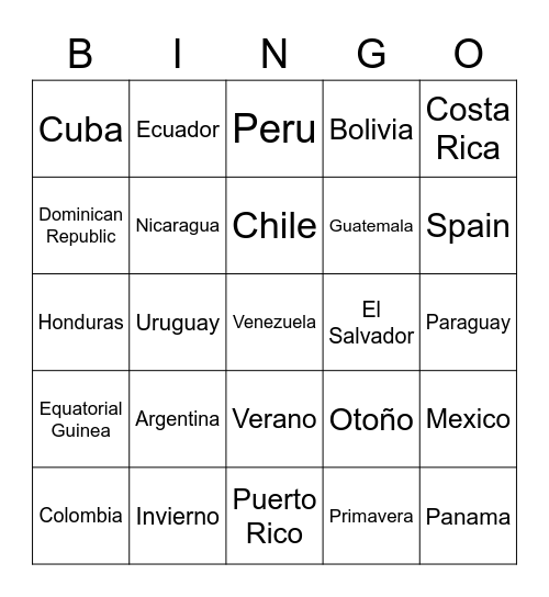 Spanish countries Bingo Card