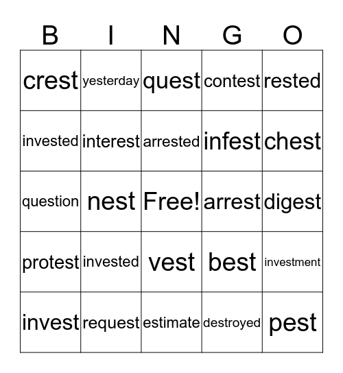 Words ending in ...est Bingo Card