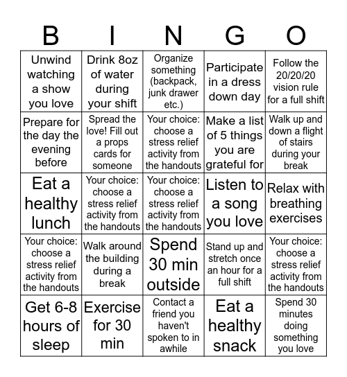 Well Being Bingo Card