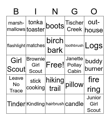 Girl Scouts Go Camping Bingo Card