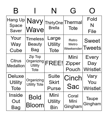Thirty One Bingo Card