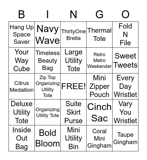 Thirty One Bingo Card