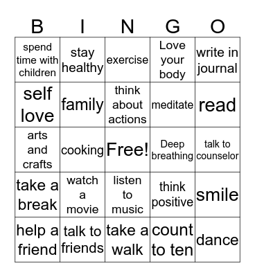 Relaspe Prevention Bingo Card
