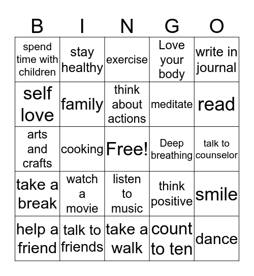 Relaspe Prevention Bingo Card