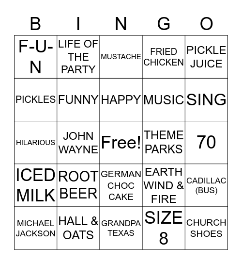 HAPPY 70TH BIRTHDAY Bingo Card