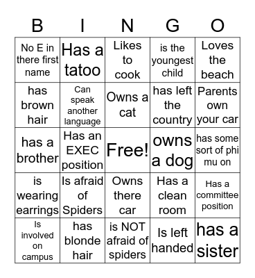 Phi Mu Bingo Card