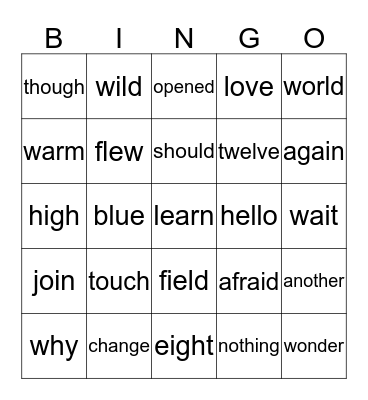 "The Story of a Blue Bird" Word Power Words Bingo Card