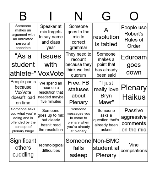 Plenary Bingo Spring 2019 Bingo Card