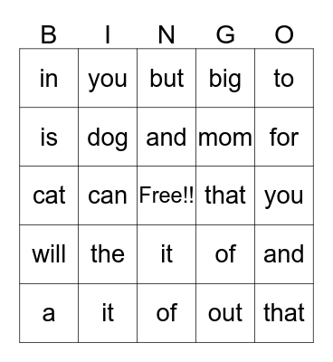 sight word bing Bingo Card
