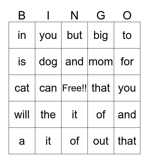 sight word bing Bingo Card