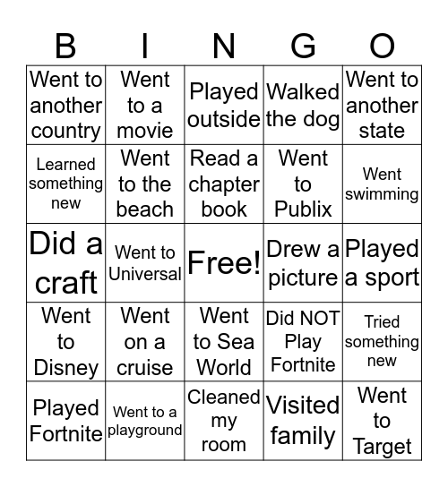 Spring Break Bingo Card