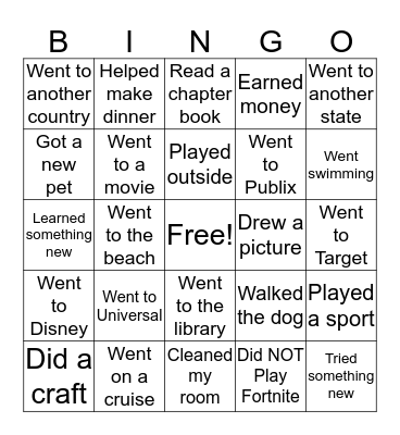 Spring Break Bingo Card