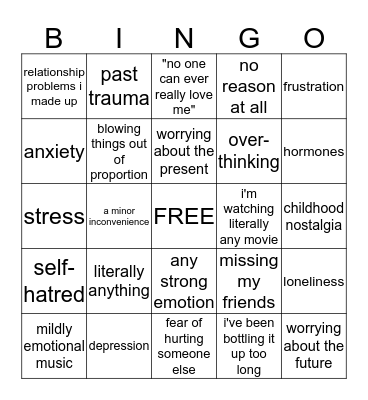Why Am I Crying?  Bingo Card